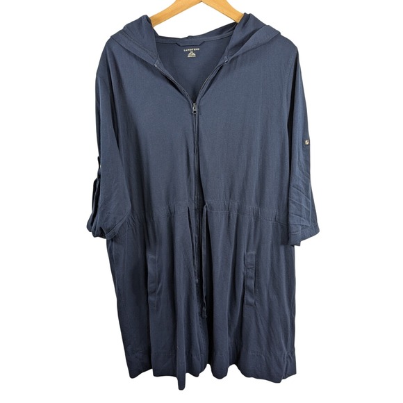 Lands End Womens Cotton Full Zip  Roll Tab Sleeve Hooded Longline Jacket sz 2X - Picture 1 of 11